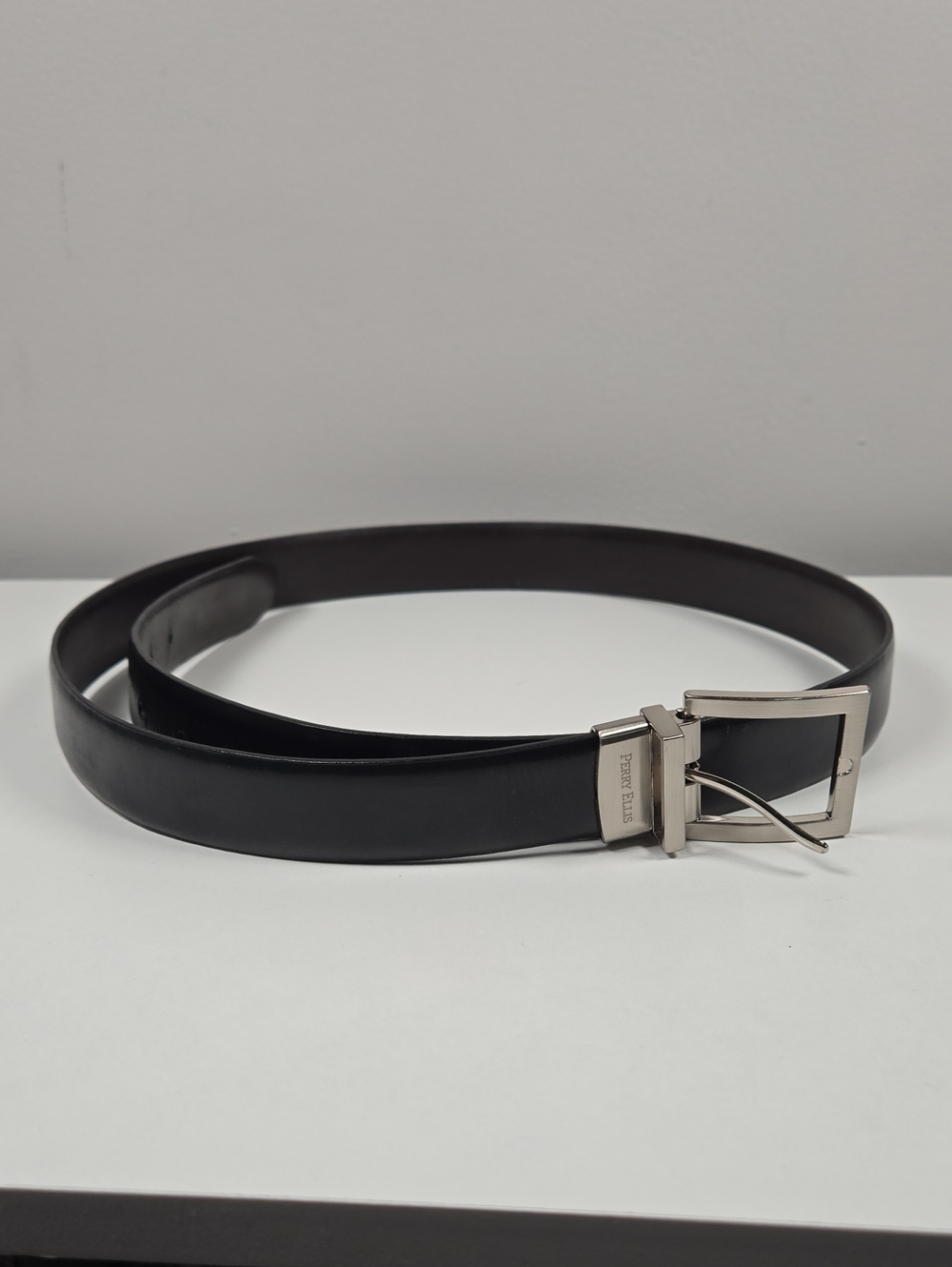 Perry Ellis Black Leather Belt with Silver Buckle